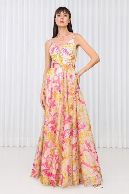 Mandira Wirk Resort Yellow Polyester, Organza Embroidery Crew Neck Dahlia Bouquet Print Dress  