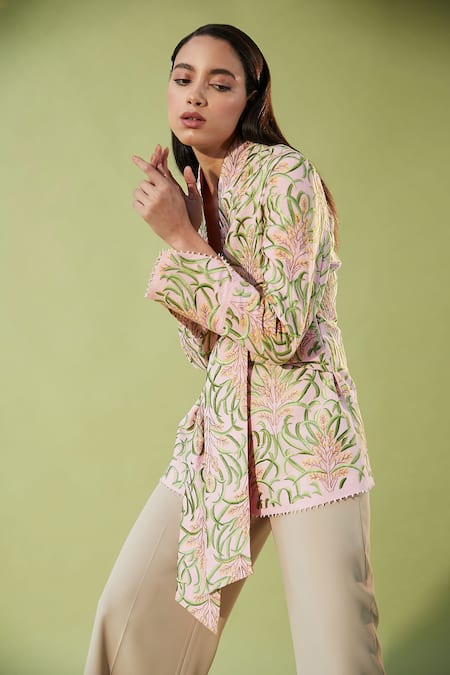 Betrue Pink Linen Beads Foliage Embroidered Wrap Blazer 