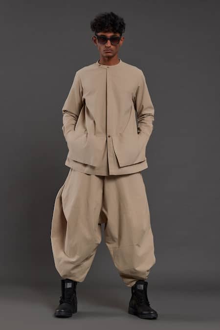 MATI Beige 100% Cotton Plain Shirt And Baggy Pant Set 