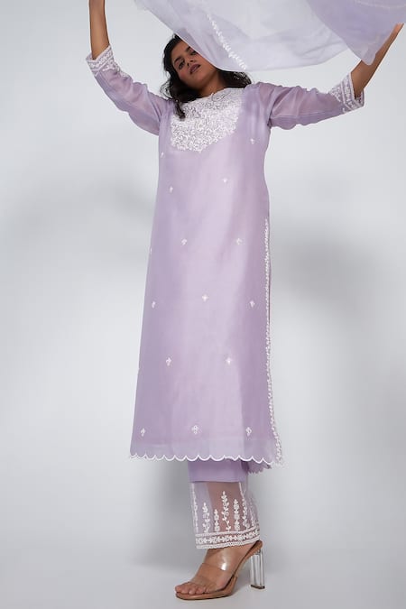 Asaga Purple Chanderi Embroidered Floral Notched Neck Alina Kurta Set 