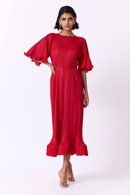 Scarlet Sage Red Polyester Boat Neck Celestine Ruffle Sleeve Dress