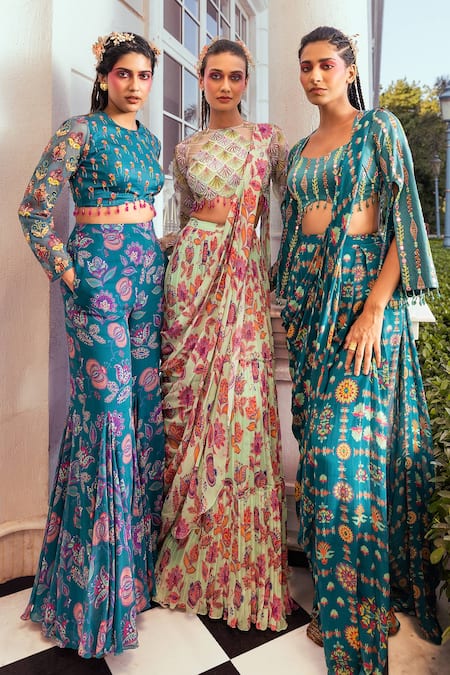 DiyaRajvvir Green Organza Printed Chintz Round And Pre-draped Skirt Saree Set 