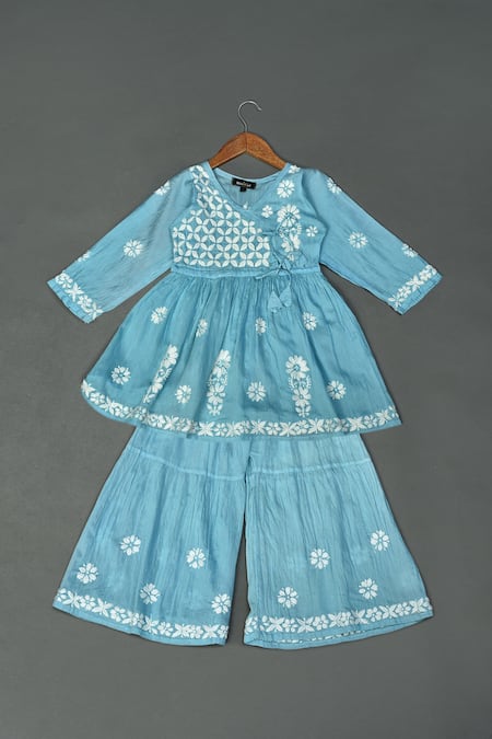 Maaikid Blue Chanderi Embroidery Chikankari Kurta And Sharara Set 