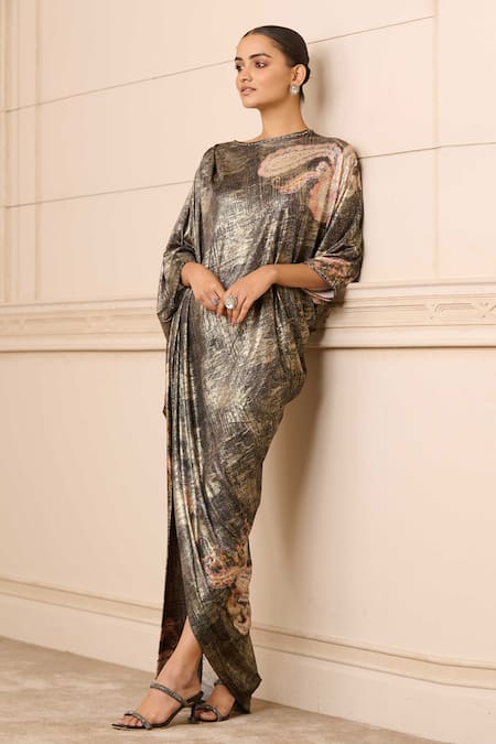 Tarun Tahiliani Foil Jersey Paisley Print Draped Dress 