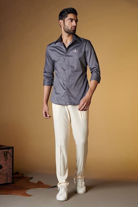 S&N by Shantnu Nikhil Grey Giza Cotton Plain Crest Placement Embroidered Shirt 