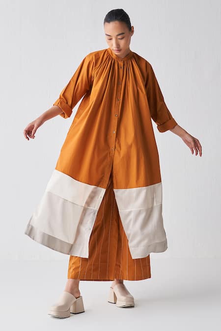 Three Orange Tunic Poplin + Chanderi Gathered Neck Shirt And Broad Pant Set 