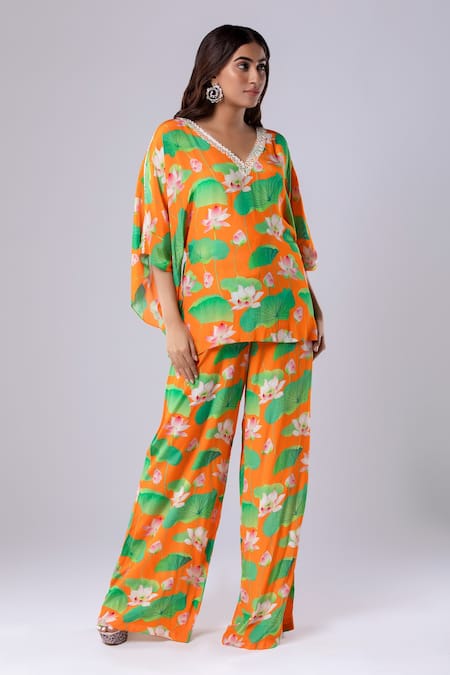 Tangerine Tiger Lotus Print Top & Pant Set 
