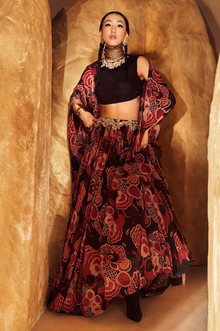 Bhumika Sharma Black Georgette And Embroidery Gulbahar Round Cape & Lehenga Set
