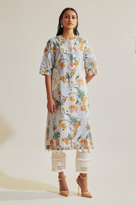Sage Saga Blue Round Neck Soha Floral Print Kurta 