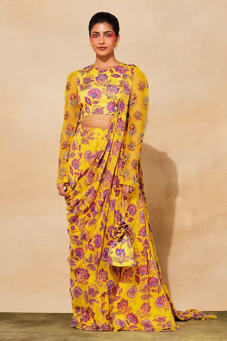 DiyaRajvvir Yellow Modal, Tulle, Georgette Floral Print Pre-draped Sharara Saree With Blouse 