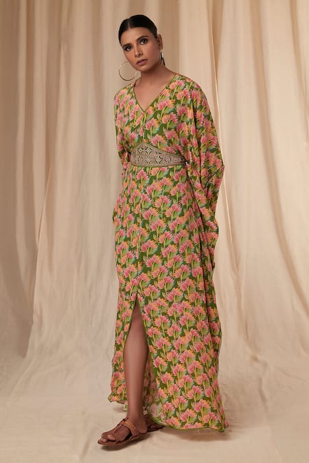 Masaba Green Natural Crepe Printed Little Garden V Neck Kaftan Dress With Belt