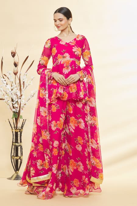 Samyukta Singhania Pink Chiffon Printed Floral V Neck Sharara Set 