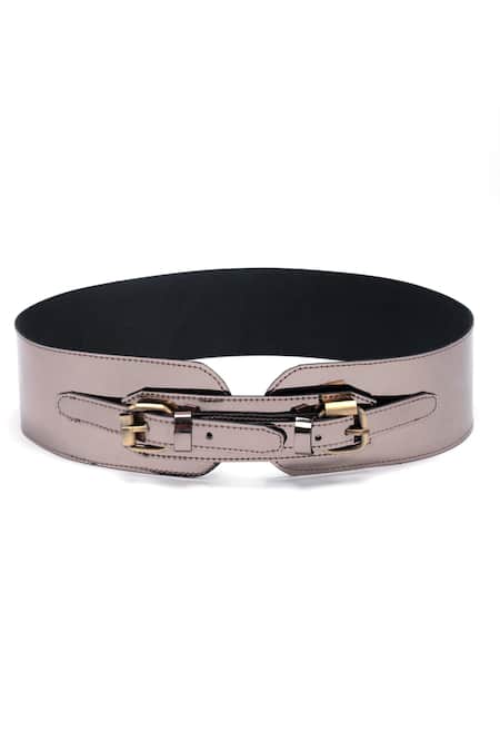 Trov Grey Metallic Leather Buckle Belt 