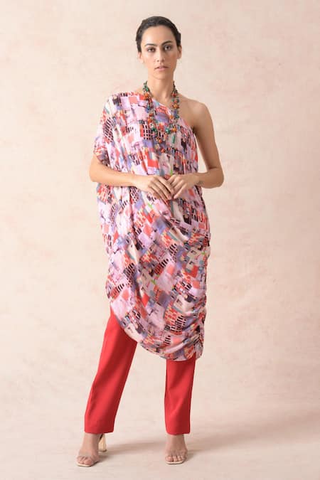 Thetaa Abstract Print Cowl Draped Tunic & Pant Set 