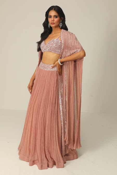 Rishi And Soujit Pink Organza Embellished Sequin Cape Open And Gathered Skirt Set  