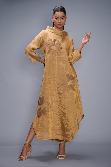 Taika By Poonam Bhagat Gold , Silk Embroidery Collared Dress 