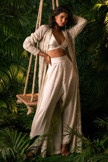 Pallavi Poddar Ivory Satin Lycra And Net Embroidery Sequin V Floral Jacket & Wide Leg Pant Set 