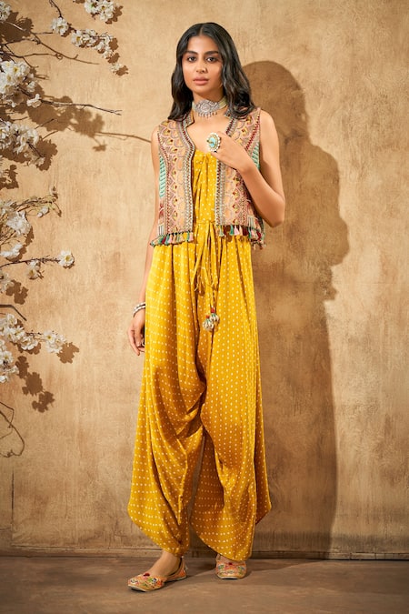 Aditi Somani Yellow Modal Satin Hand Embroidered Cutdana Embellished Jacket With Jumpsuit 