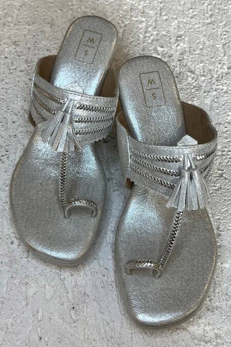 Shop_Sandalwali_Silver Madhuri Kolhapuri Wedges _at_Aza_Fashions