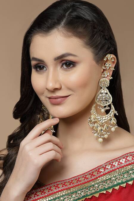 Shop Dugran By Dugristyle Cream Diamonds, Pearls, Stones Kundan Embellished Dangler Earrings at Aza Fashions Shop_Dugran By Dugristyle_Cream Diamonds, Pearls, Stones Kundan Embellished Dangler Earrings _at_Aza_Fashions