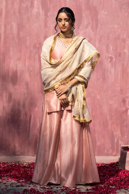 Weaver Story Pink Chanderi Silk Lace, Gota Patti Scoop Sleeve Embroidered Kurta Sharara Set 