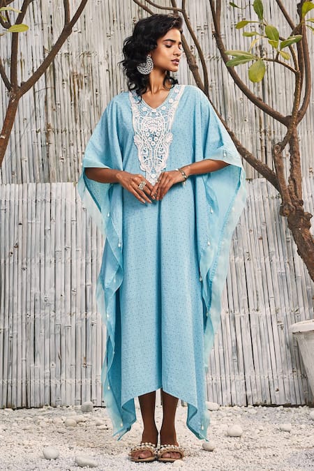 Charkhee Blue Kaftan Dobby Cotton Embellished Crochet Patch Work V Neck Stripe Pattern 