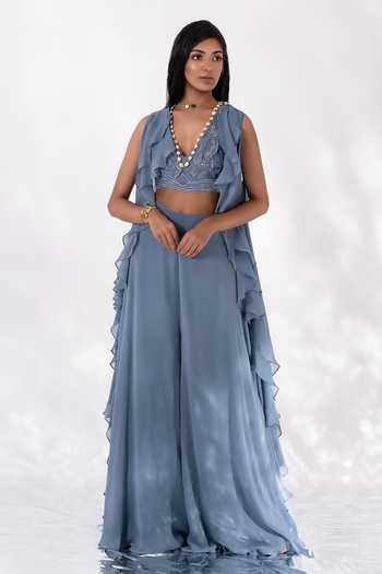 PIRI INDIA_Blue Chanderi, Georgette, Silk Sequins, Cut Keya Long Ruffle Cape Palazzo Set _Online_at_Aza_Fashions