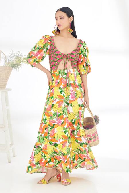 Buy Nikasha Yellow Cotton Poplin Banana, Fruit Deep Round Hand Painted Dress Online at Aza Fashions Buy_Nikasha_Yellow Cotton Poplin Banana, Fruit Deep Round Hand Painted Dress _Online_at_Aza_Fashions