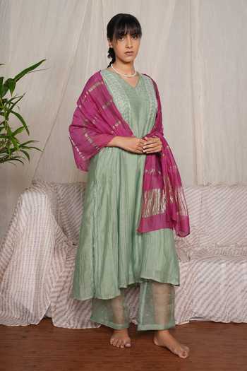 Pants And Pajamas_Green Chanderi, Cotton, Silk Crayon Moss Chikankari Kurta And Pant - Set Of 2 _Online_at_Aza_Fashions