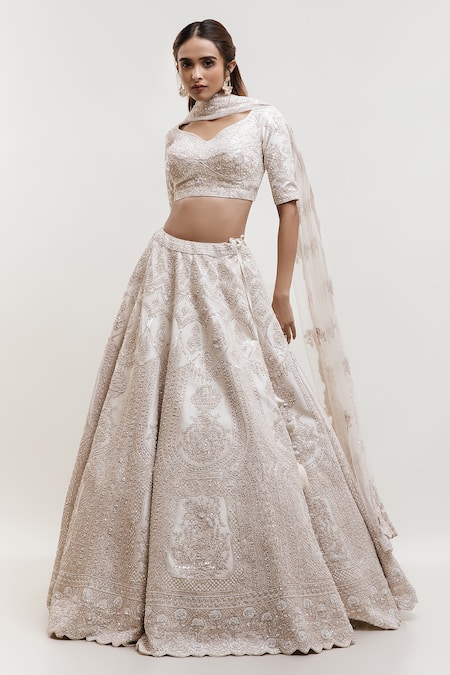 Kalighata Ivory Silk Cut Work, Sequins V-neck Raw Embellished Bridal Lehenga Set 