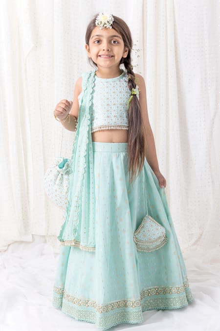 Chotibuti Blue Cotton Embroidery Thread Work Sequin Border Lehenga Set 