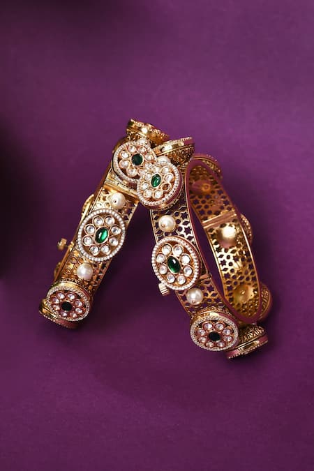 Zevar by Geeta Kundan Brass & Pearl Embellished Kada - Set of 2 