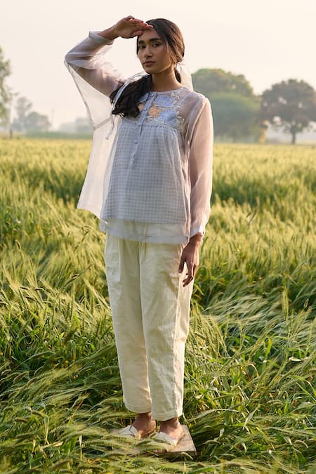 Ayaka Blue Silk Organza, Cotton Embroidery Round Neck Floral Applique Top 