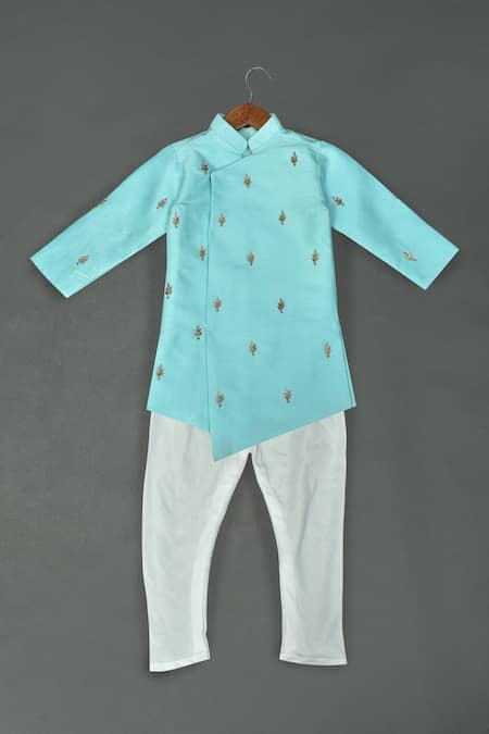 Maaikid Aqua Silk, Cotton Embroidery, Zari Zardosi Butti Asymmetrical Sherwani Set 