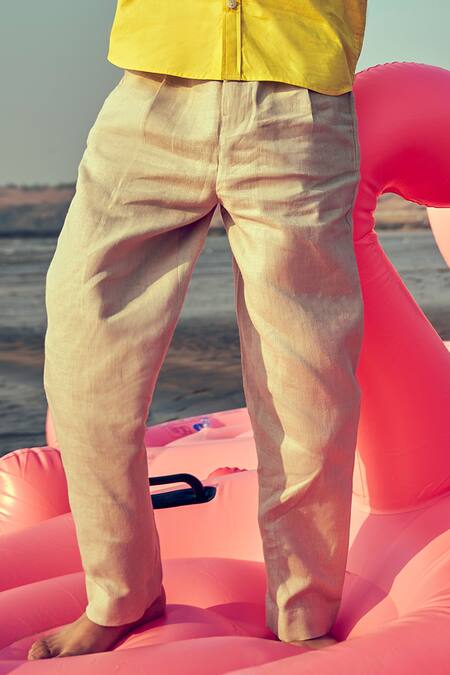 Little Luxury_Beige Linen Straight Trouser _Online_at_Aza_Fashions