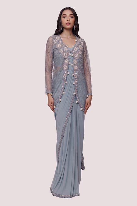 Onaya Pre-Stitched Saree With Embellished Sheer Jacket 