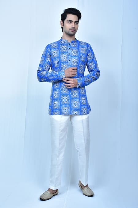 Samyukta Singhania Blue Kurta Cotton Silk Print Abstract Mandala Short With Pant 