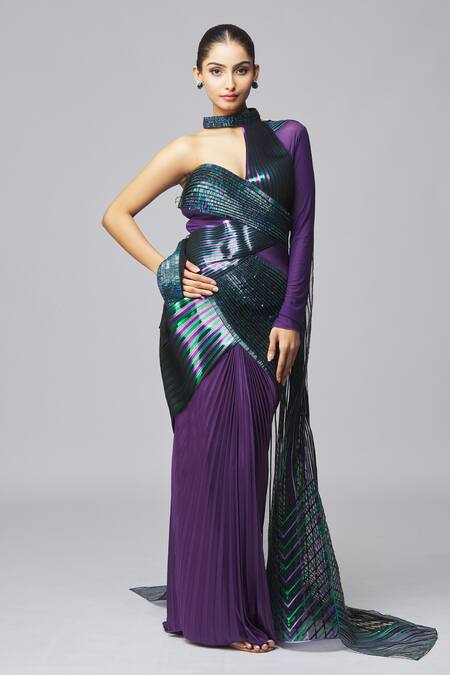 Shop_Amit Aggarwal_Purple Cotton Satin Metallic Thread Asymmetric Stripe High Neck Gown _Online_at_Aza_Fashions