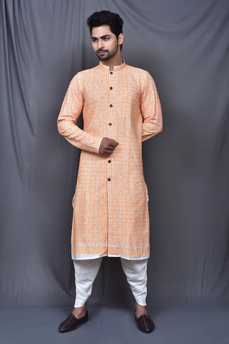 Adara Khan Orange Kurta Cotton Embroidered Geometric Pattern Set