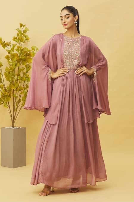 Samyukta Singhania Pink Chinon Embroidered Zardosi Round Flared Sleeve Pleated Gown With Belt 