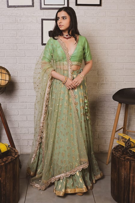 Green Plain Ruffle / Frill Georgette Partywear Lehenga with