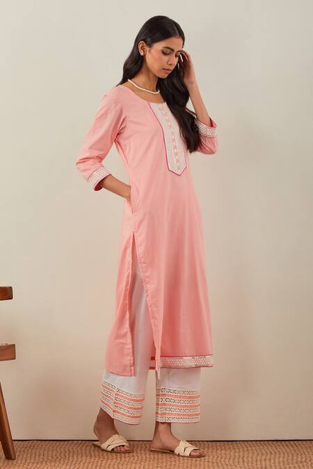 The Indian Cause_Peach Cotton Embroidery Round Neck Rozana Straight Kurta And Palazzo Set _Online_at_Aza_Fashions