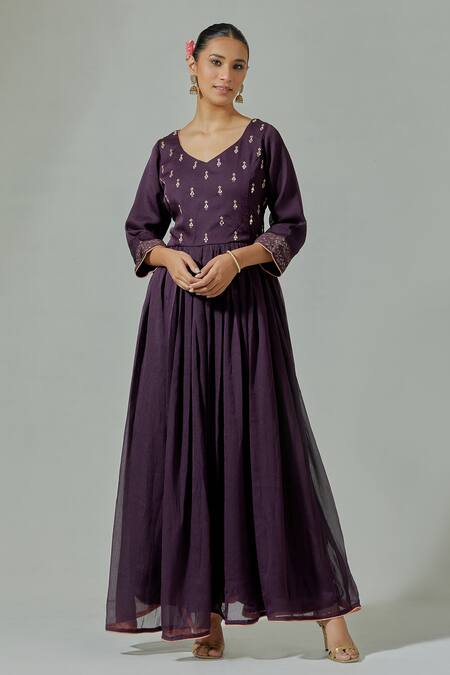 Buy Basanti - Kapde Aur Koffee Purple Chinon Mirror, Sequin, Thread Leaf Neck Embroidered Anarkali With Dupatta Online at Aza Fashions Buy_Basanti - Kapde Aur Koffee_Purple Chinon Mirror, Sequin, Thread Leaf Neck Embroidered Anarkali With Dupatta _Online_at_Aza_Fashions