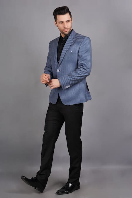 Soniya G Blue Wool, Tweed Stripe Pattern Blazer