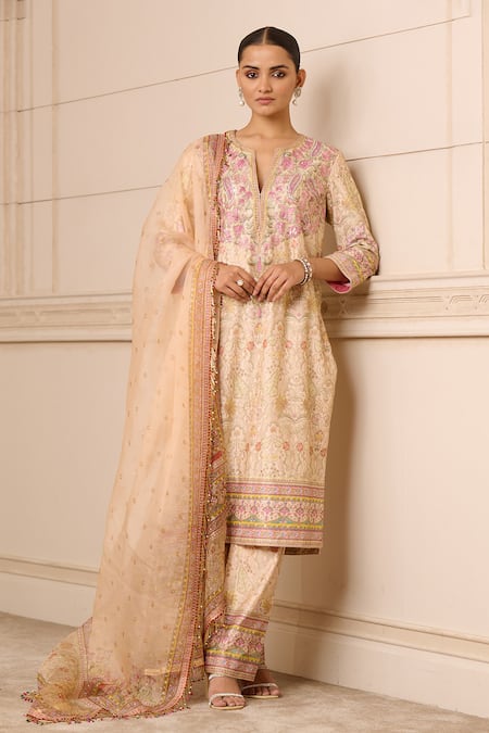 Tarun Tahiliani Pink Kurta And Trouser Chanderi Printed Kashina Notched Work Set 