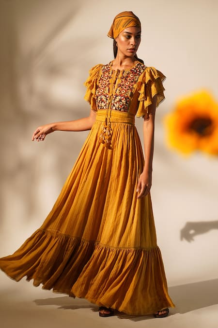 Nikita Mhaisalkar Yellow Chanderi Embroidery Keyhole Neck Yoke Embellished Dress With Belt 