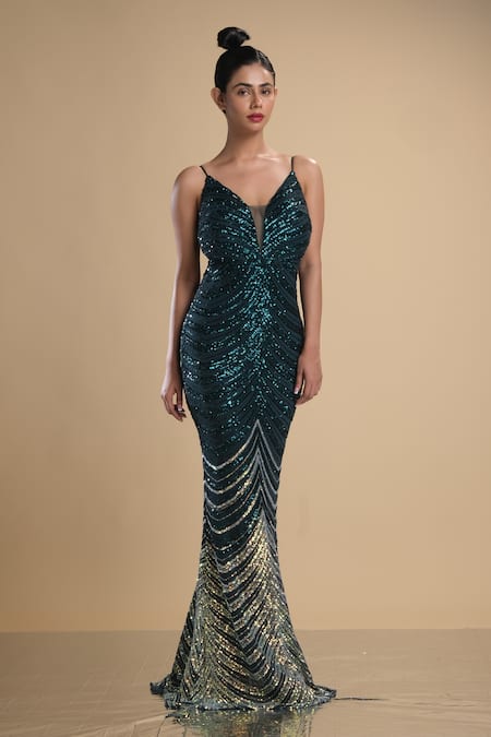 Kommal Sood Green Lycra Stretch Net Embroidered Sequins Graphic Pattern Work Gown  