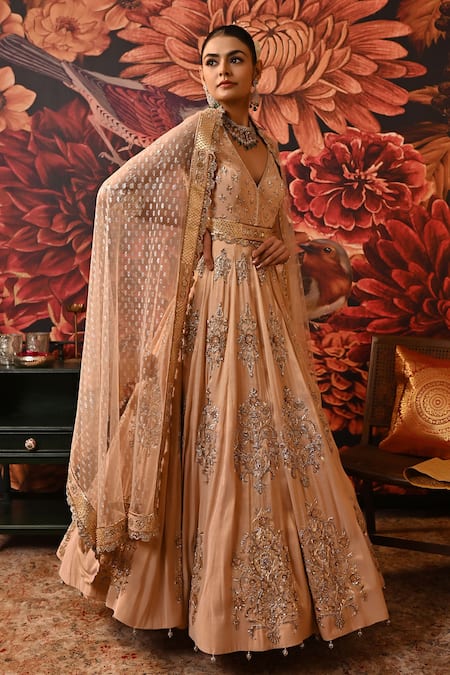 Moledro Pink Brocade, Silk Organza, Net Beads, Sequins, Cut Insha Anarkali With Dupatta 