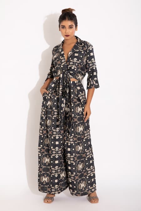 Studio Surbhi Black Cotton, Silk Split V-neck Digital Print Shirt And Pleated Pant Set