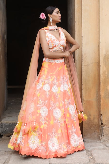 Yellow Pink Orange Floral Embroidered Lehenga Set